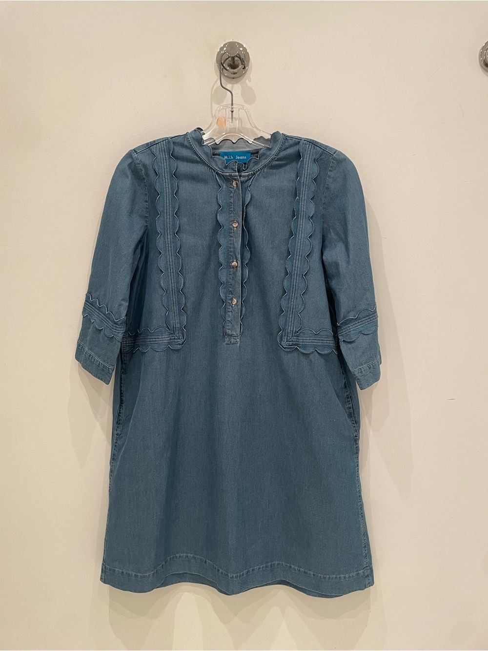 Denim Button-Front Dress with Scallop Trim - Blue
